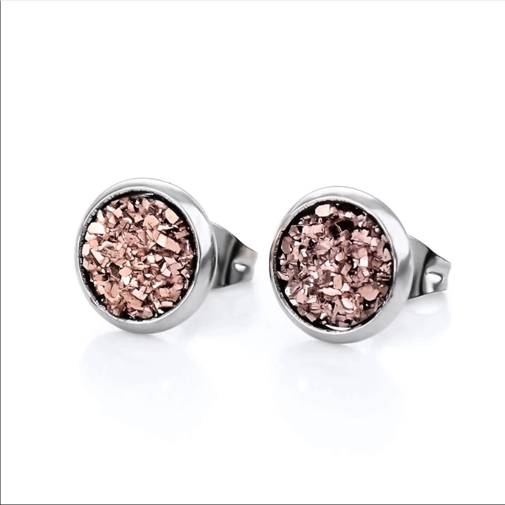Handmade Rose Resin Druzy Round Stud Earrings
